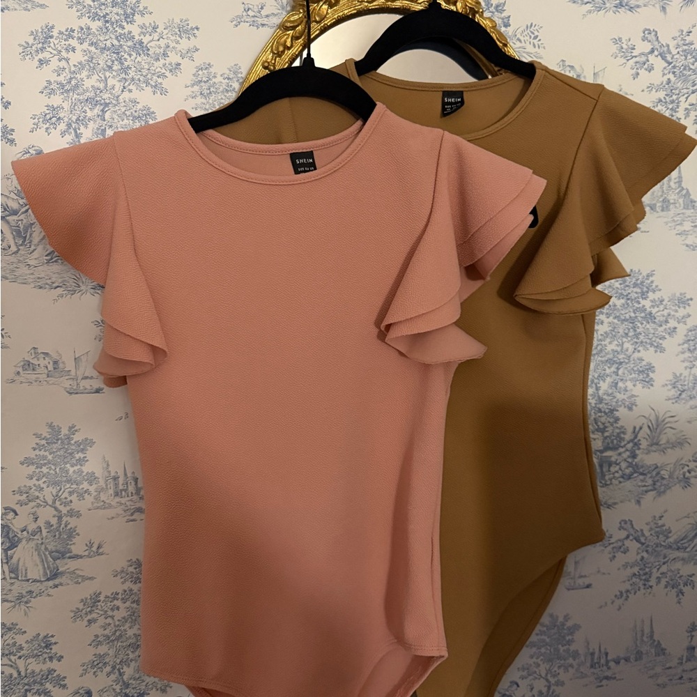 BUNDLE!!! Elegant and Preppy Pink and Tan Ruffle Sleeve Tops
